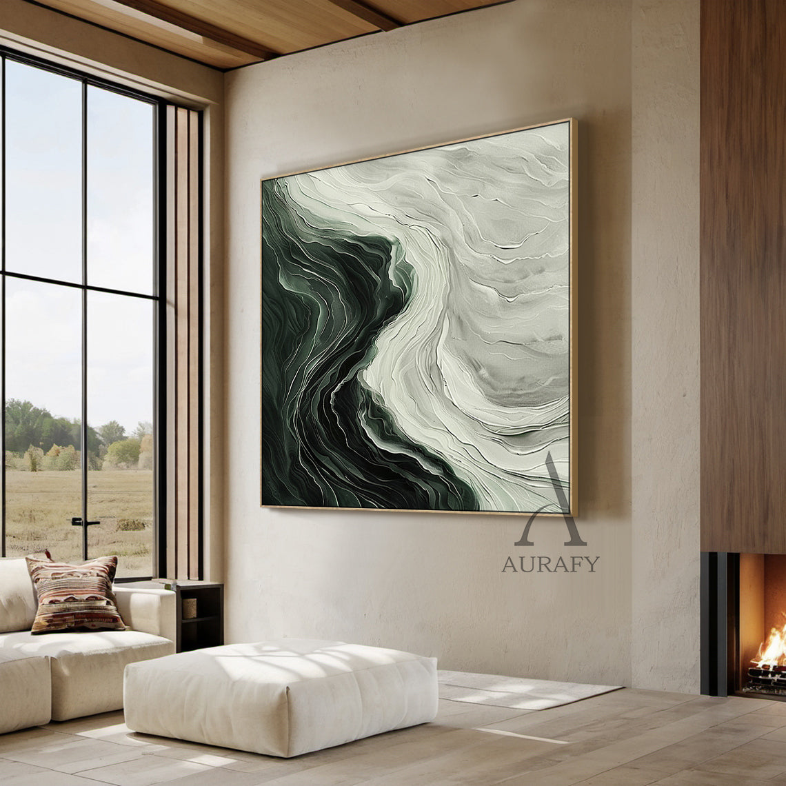 Green Abstract Art Thick Impasto Knife Strokes Flowing Wave Layers Modern Organic AURA502