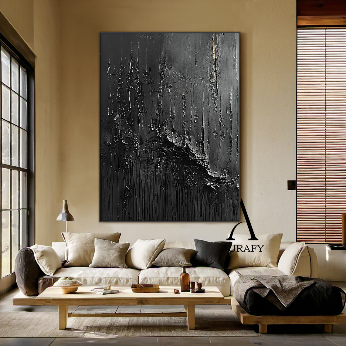 3D Textured Black Abstract Painting Tactile Surface Thick Paint Drips Scratch Marks AURA530