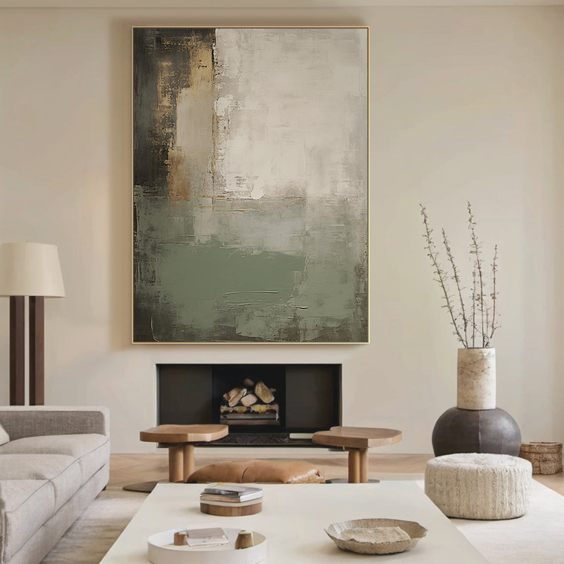 Modern Textural Abstract Wall Art – Sage Green & Earth Neutrals – AURA023(Vertical)