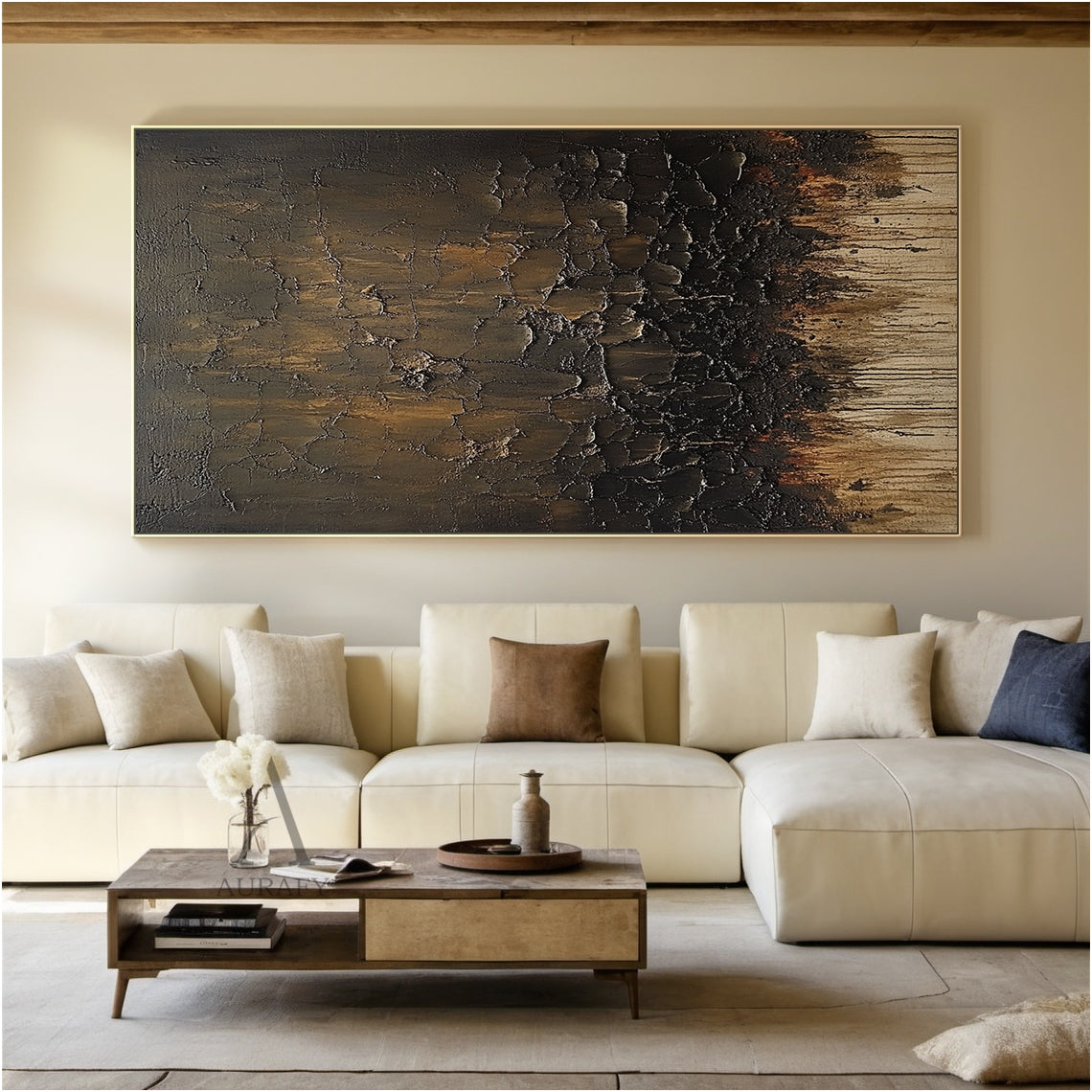 Brown Abstract Painting with Cracked Layers and Trailing Marks - AURA848