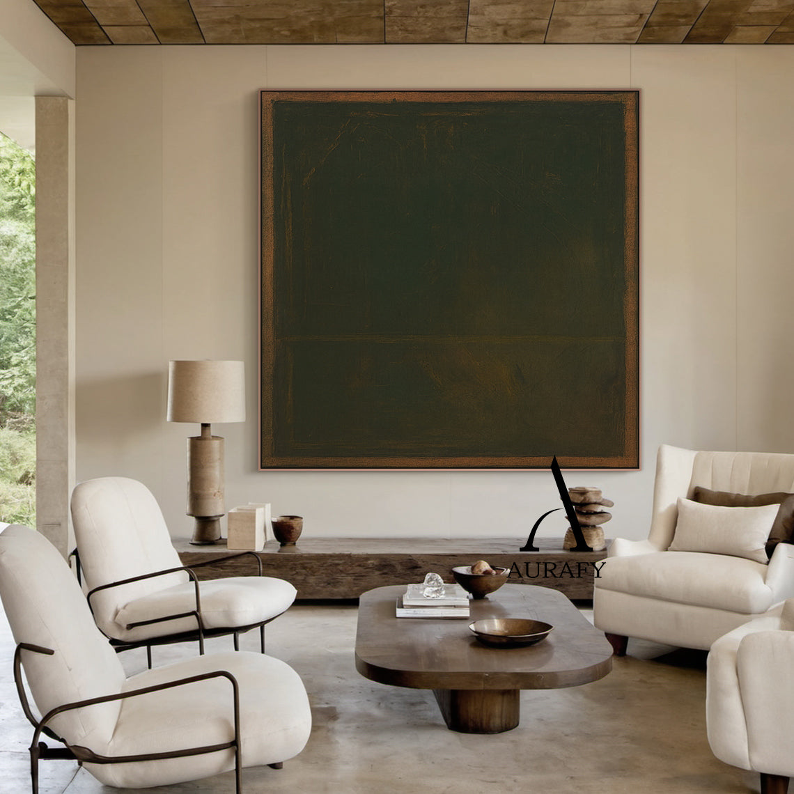 Wabi Sabi Brown Green Textured Art with Rough Handcrafted Border Tactile Brushstrokes AURA567