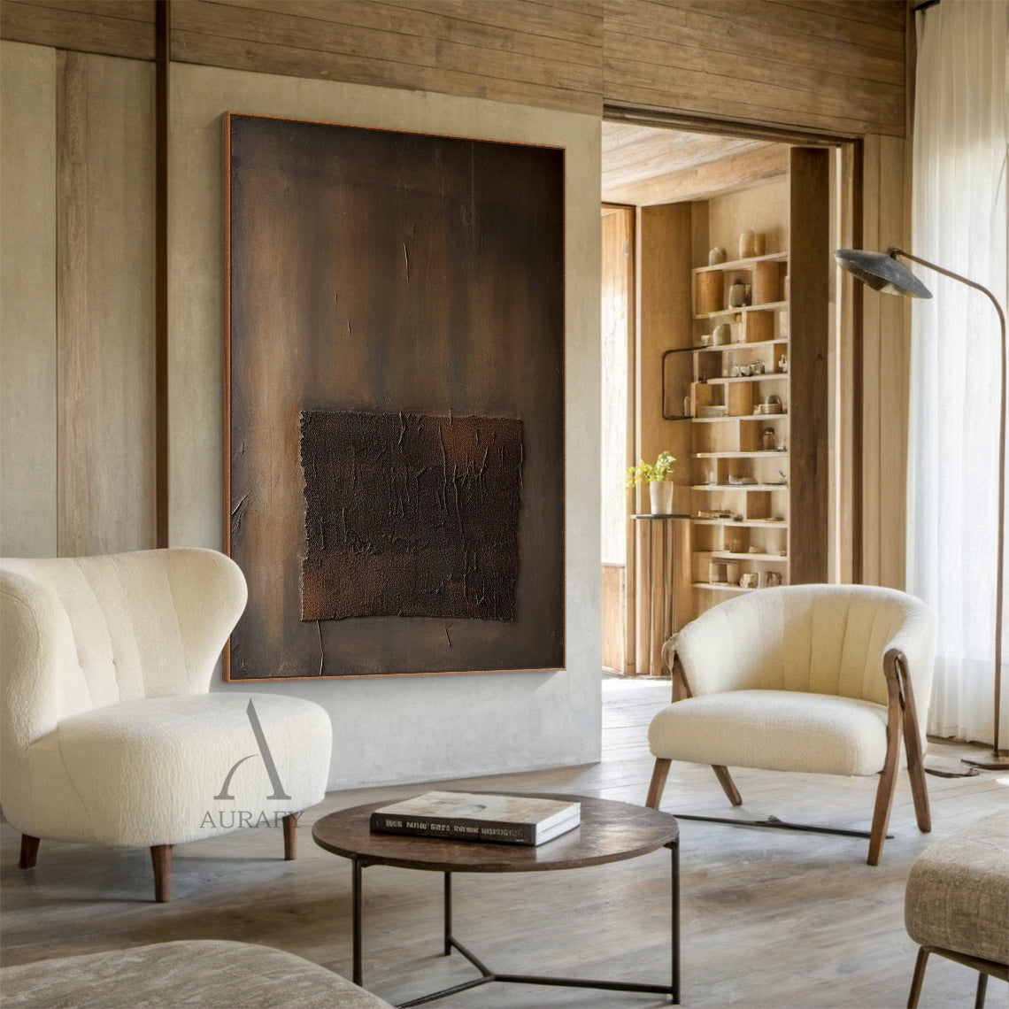 Brown Minimalist Abstract Wall Art with a Textured Inset Block - AURA832