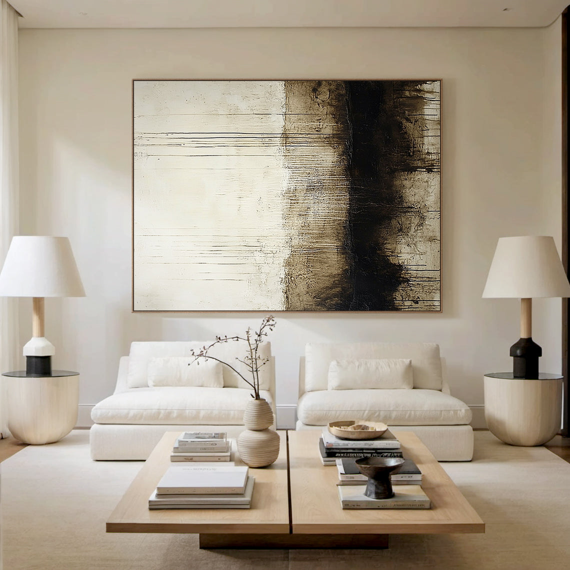 Wabi Sabi Beige Black Abstract Art with Dripped Paint Scratch Marks Tactile Texture Vertical Lines AURA590