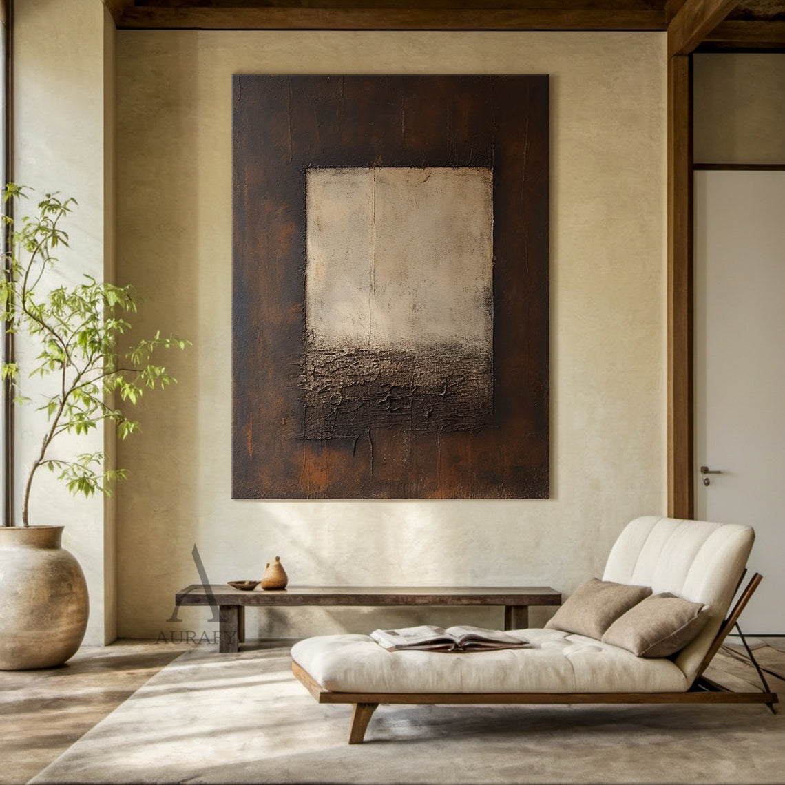 Beige Abstract Panel on Brown with a Craggy Textured Transition - AURA835