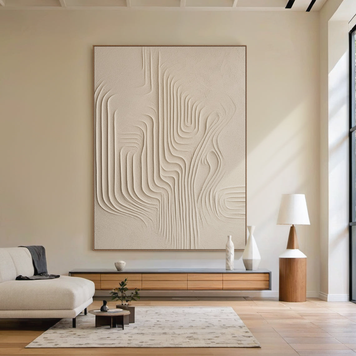 Flowing Vertical Texture Canvas-Warm Cream Tones-AURA046