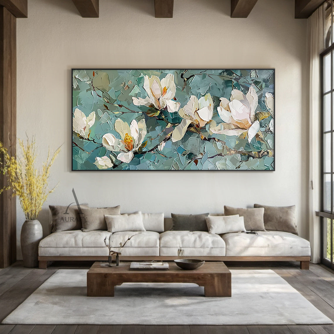 3D Textured Magnolia Painting Knife Strokes High-Relief Blue Green Tactile Modern Artwork AURA418