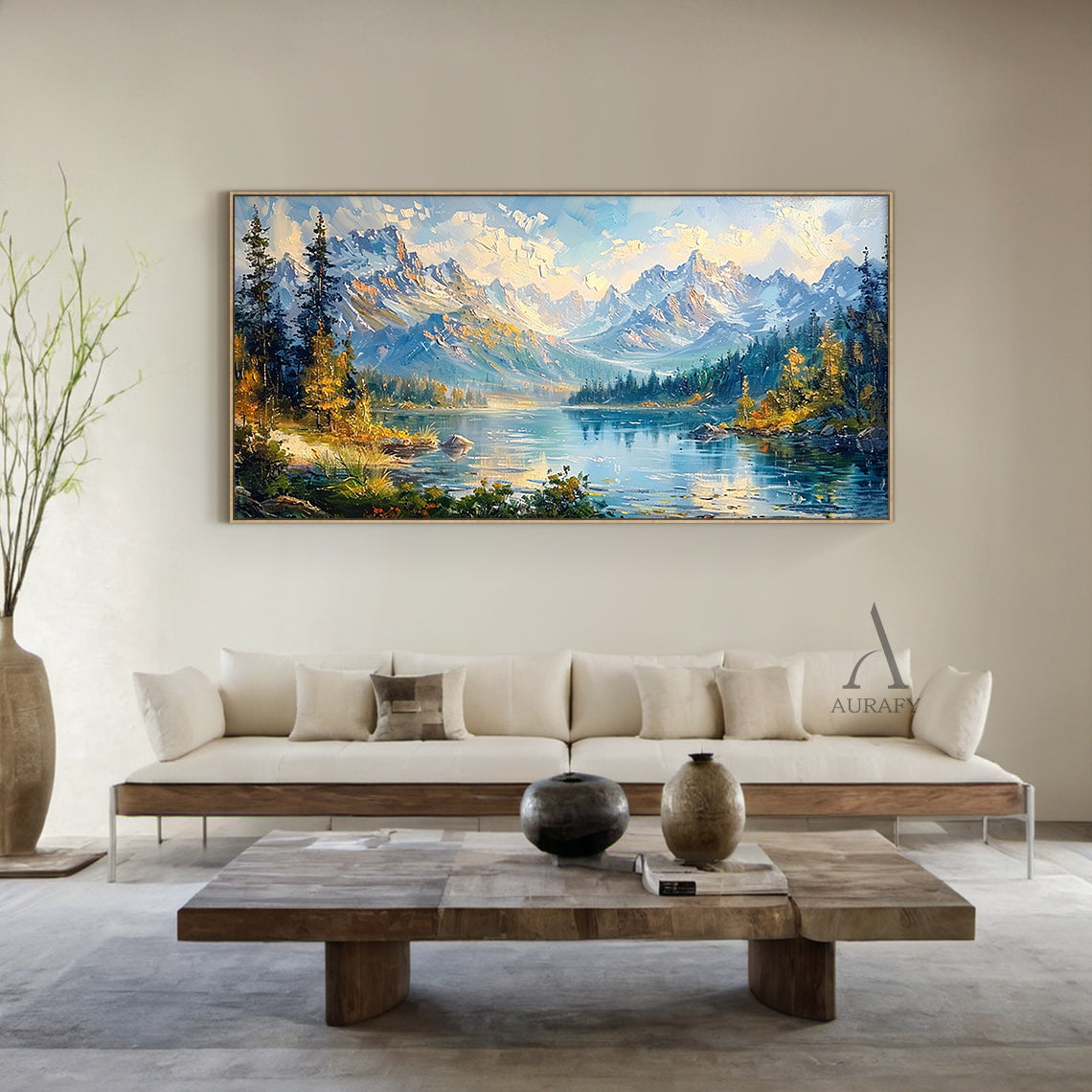 Blue Landscape Oil Painting with Knife Strokes Mountain Lake Snow-Capped Peaks Reflective Water AURA422