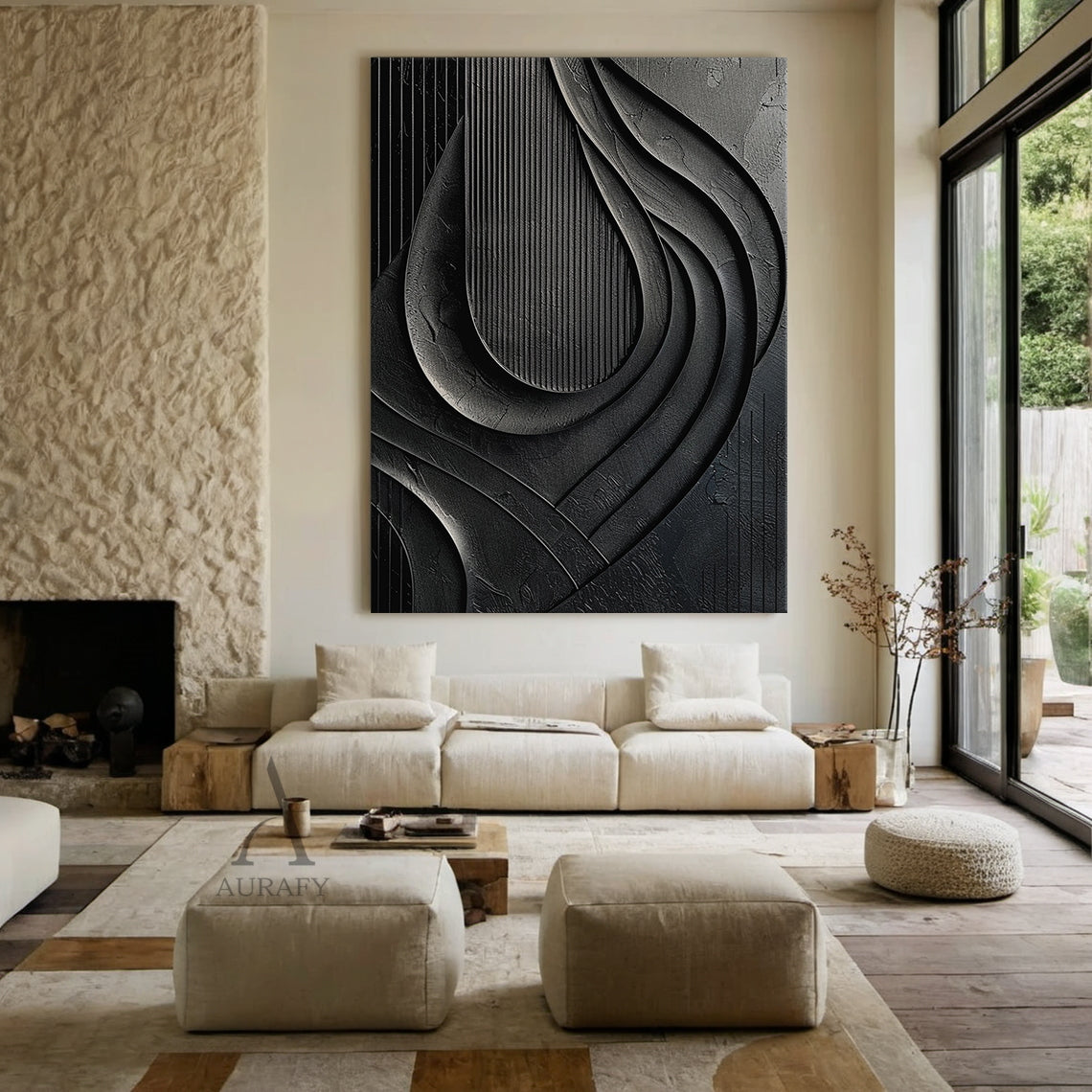 Minimalist Black Wall Art Sculpted High-Relief Tactile Matte Ribbed Modern Organic Design AURA424