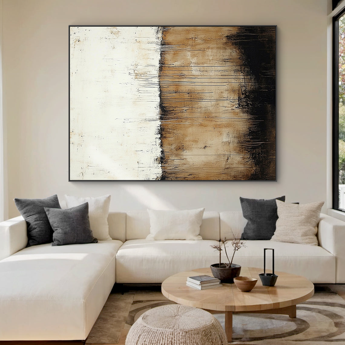 Wabi Sabi Beige Brown Plaster Textured Artwork with Drip Lines Tactile Organic Surface AURA589