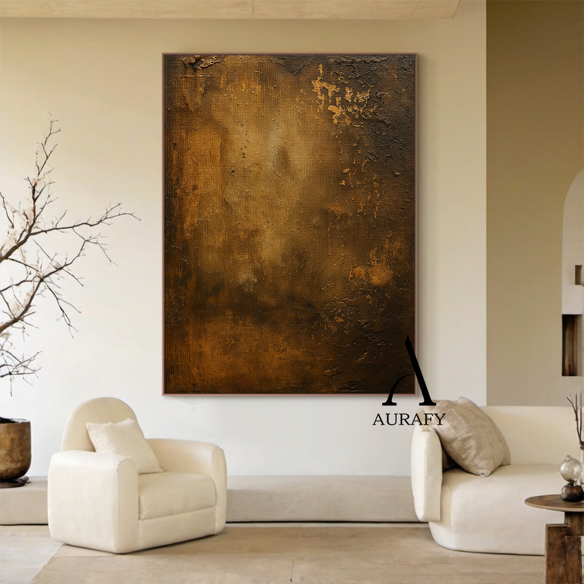 Wabi Sabi Brown Plaster Textured Weathered Canvas Art with Chipped Finish Tactile Surface AURA568