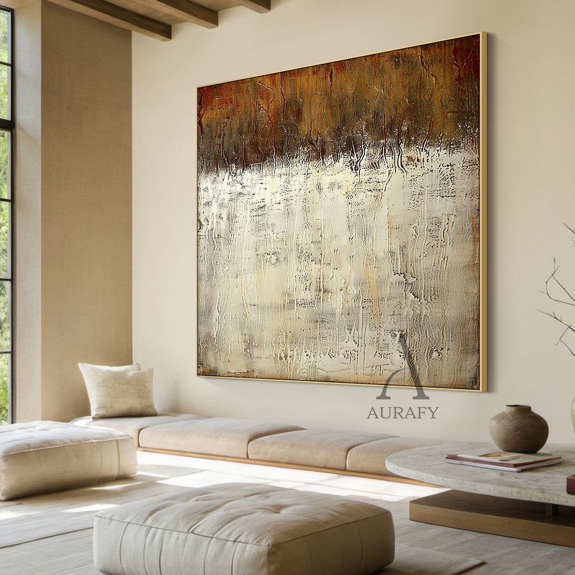 Beige Abstract Art with Tactile Plaster Texture Vertical Drips Weathered Patina Modern Organic AURA505