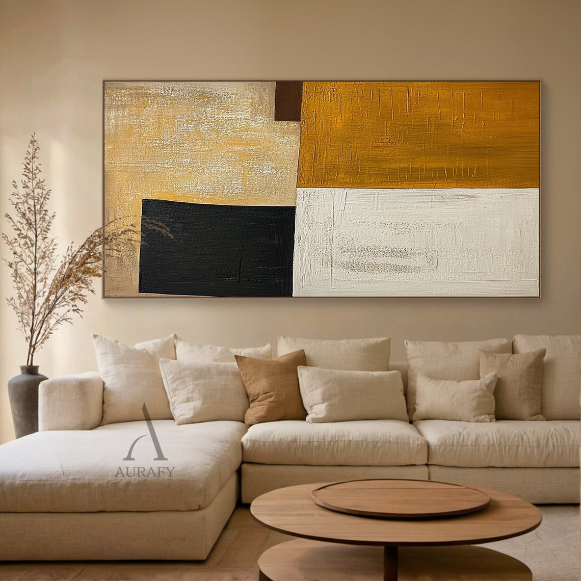 Mustard Yellow and Beige Abstract Painting with Black Blocks - AURA850