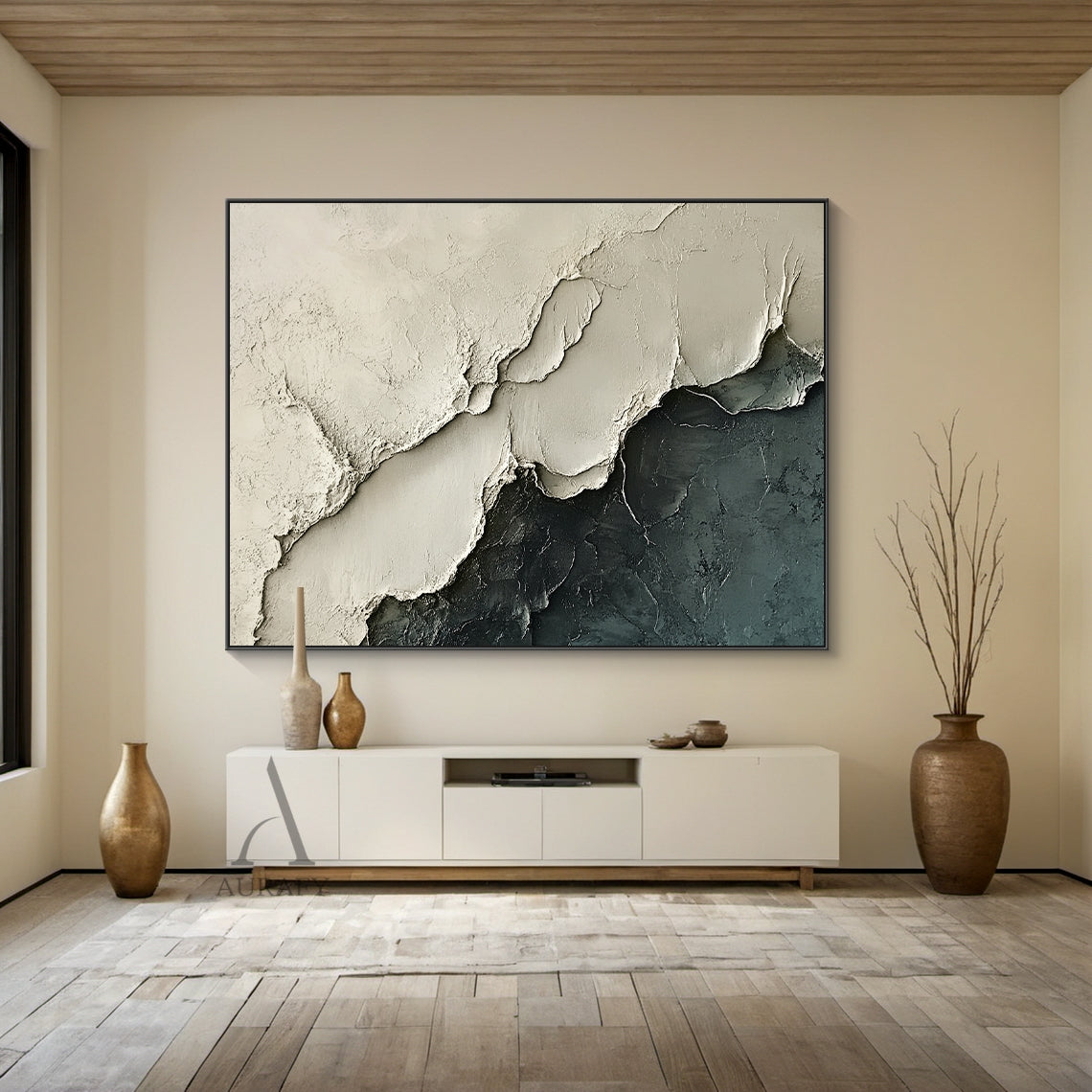 Abstract Landscape Art Impasto Cracked Texture Beige Black Wabi-Sabi Tactile Canvas Wall Decor AURA440