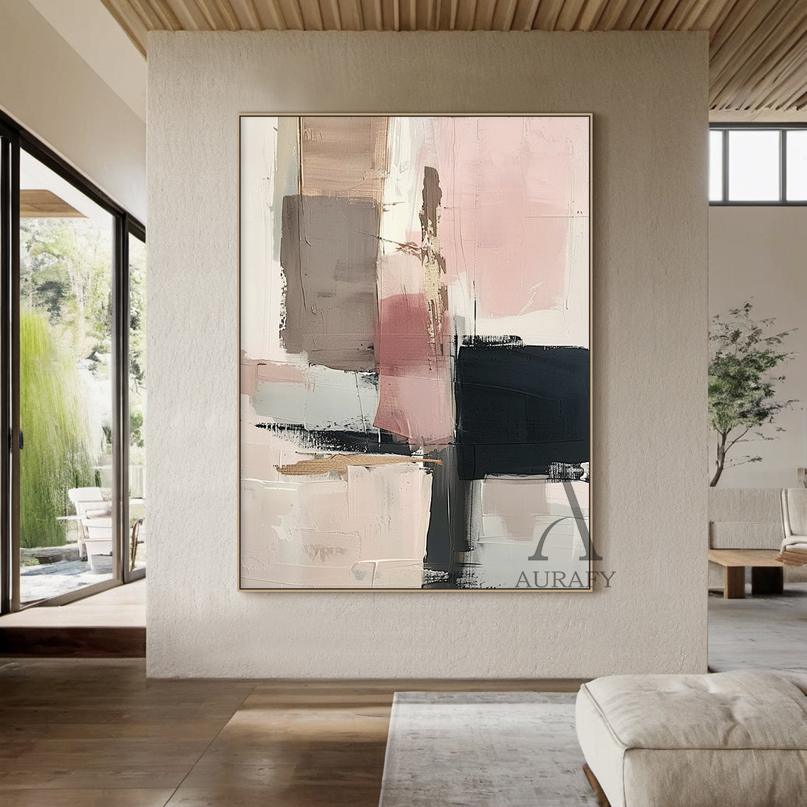 General Abstract Art Impasto Knife Strokes Pink Black Beige Tactile Luxe Modern Canvas AURA495