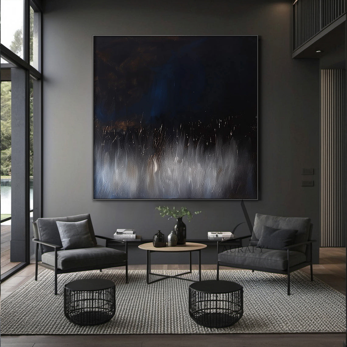 Abstract Black Blue Artwork Abstract Expressionist with flowing vertical texture, star-like light accents AURA504