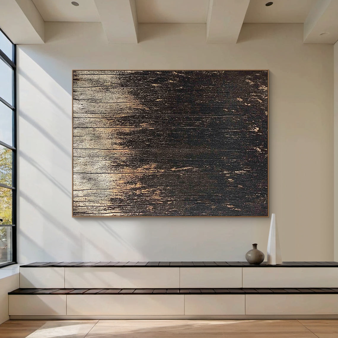 Wabi Sabi Distressed Wood Grain Black Brown Weathered Vertical Texture Artwork with Chipped Patina AURA592