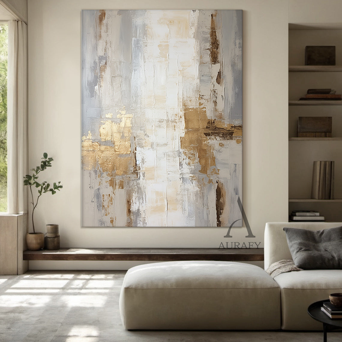 General Abstract Art White Beige Metallic Gold Impasto Texture Tactile Surface Modern Organic Canvas AURA485