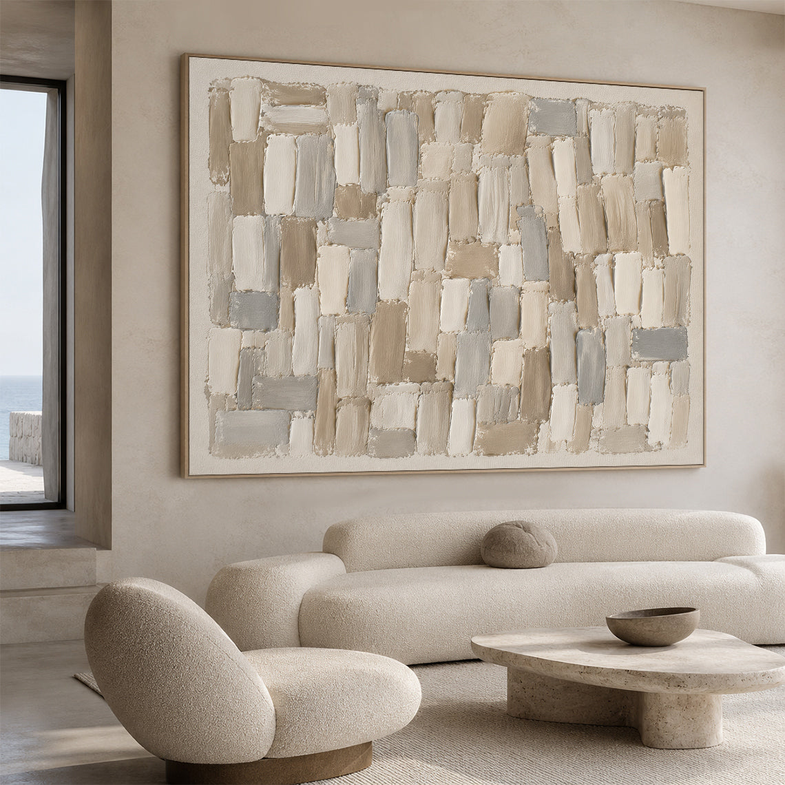 Textured Abstract Wall Art Beige Neutral Knife Stroke High Relief Plaster Minimalist Canvas AURA756