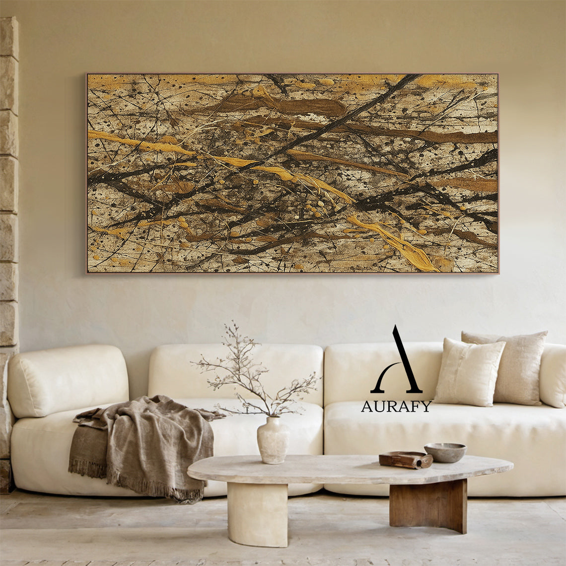 Wabi Sabi Brown Abstract Art Textured Canvas Splattered Earthy Tones Organic Branch Lines Tactile Surface AURA569