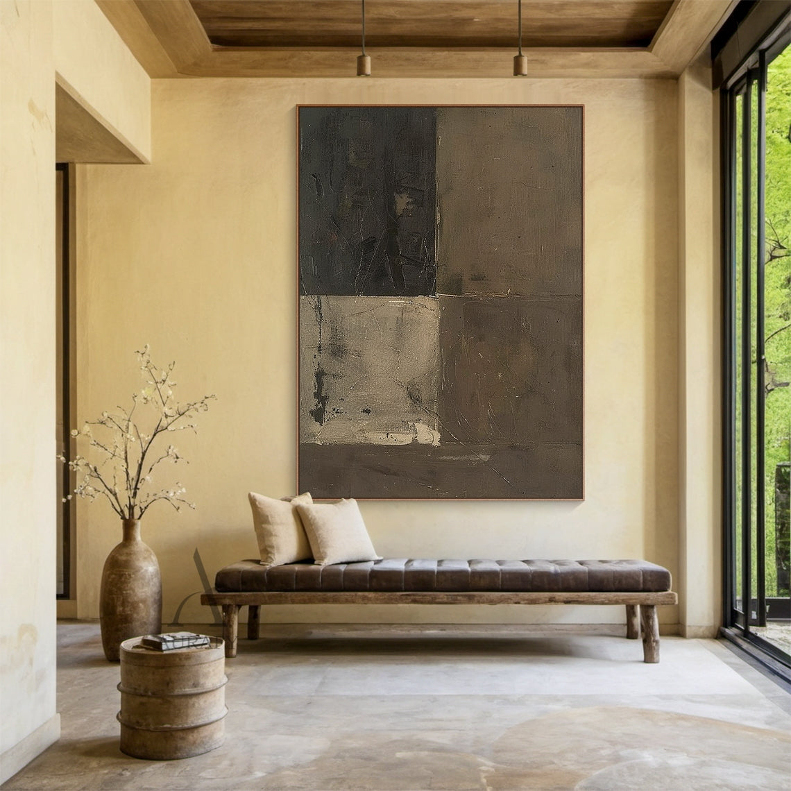 Brown and Charcoal Abstract Block Painting with Weathered Texture - AURA822