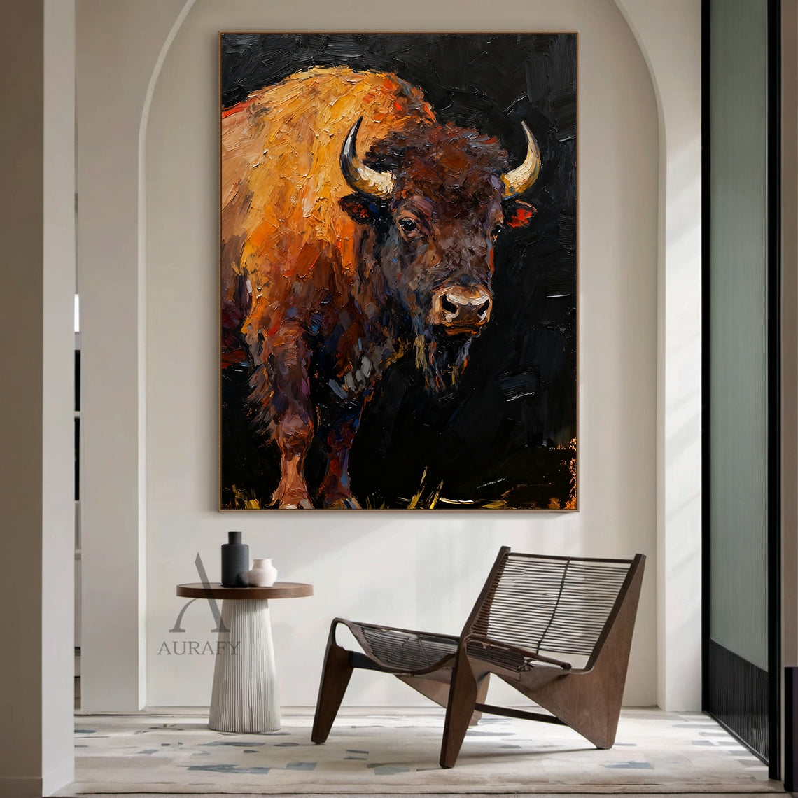 Brown Bison Oil Painting on Black Background - AURA652