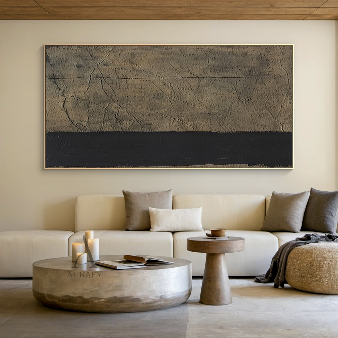Beige & Black Cracked Plaster Abstract Wall Art | Wabi Sabi Japandi Minimalist Canvas | AURA807