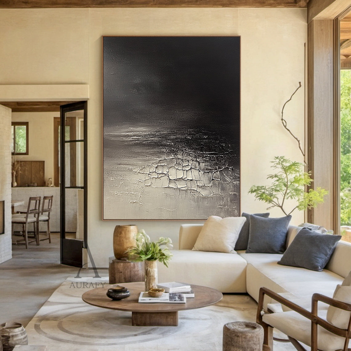 Black to Gray Abstract Painting with Pale Fractured Texture - AURA826