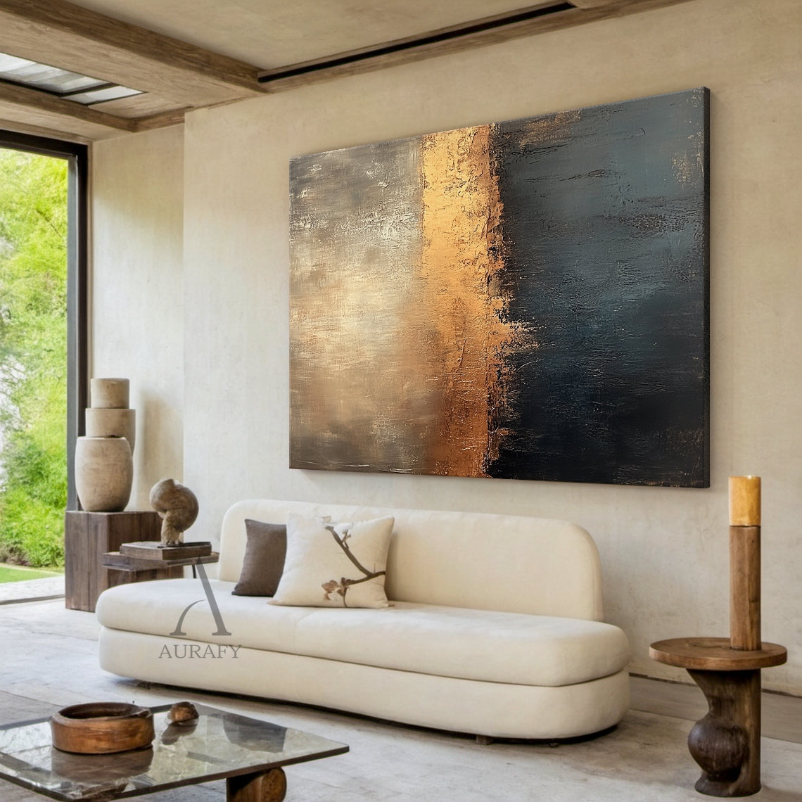 Brown and Deep Blue Abstract Painting with an Amber Color Break - AURA853