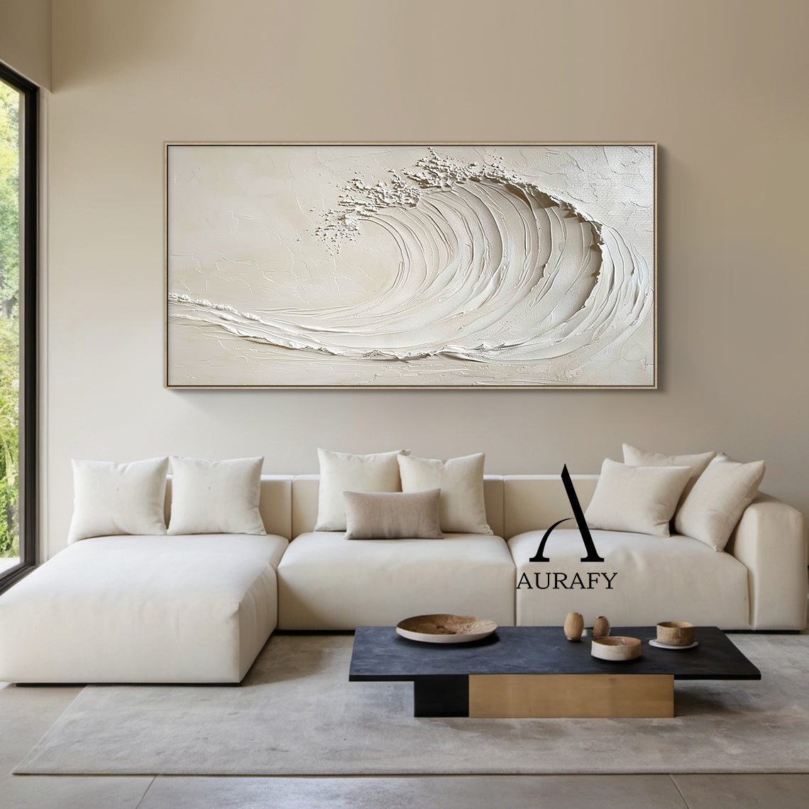3D Textured Beige AurafyArt Wave Painting Impasto Knife Strokes Sculpted Tactile High-Relief Minimalist AURA534