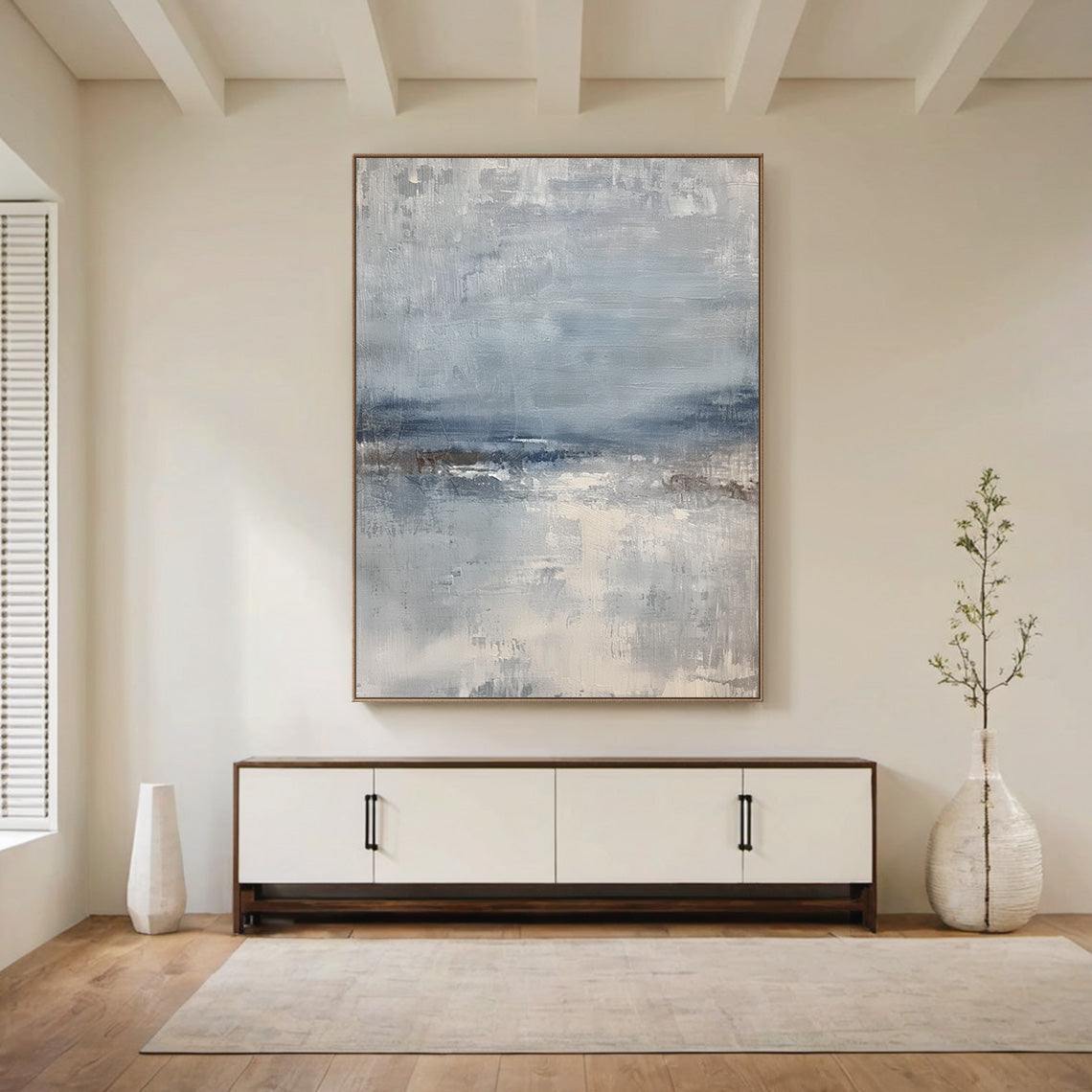 Abstract Seascape Texture Painting – Misty Blue & Taupe Canvas – AURA034(Horizontal)