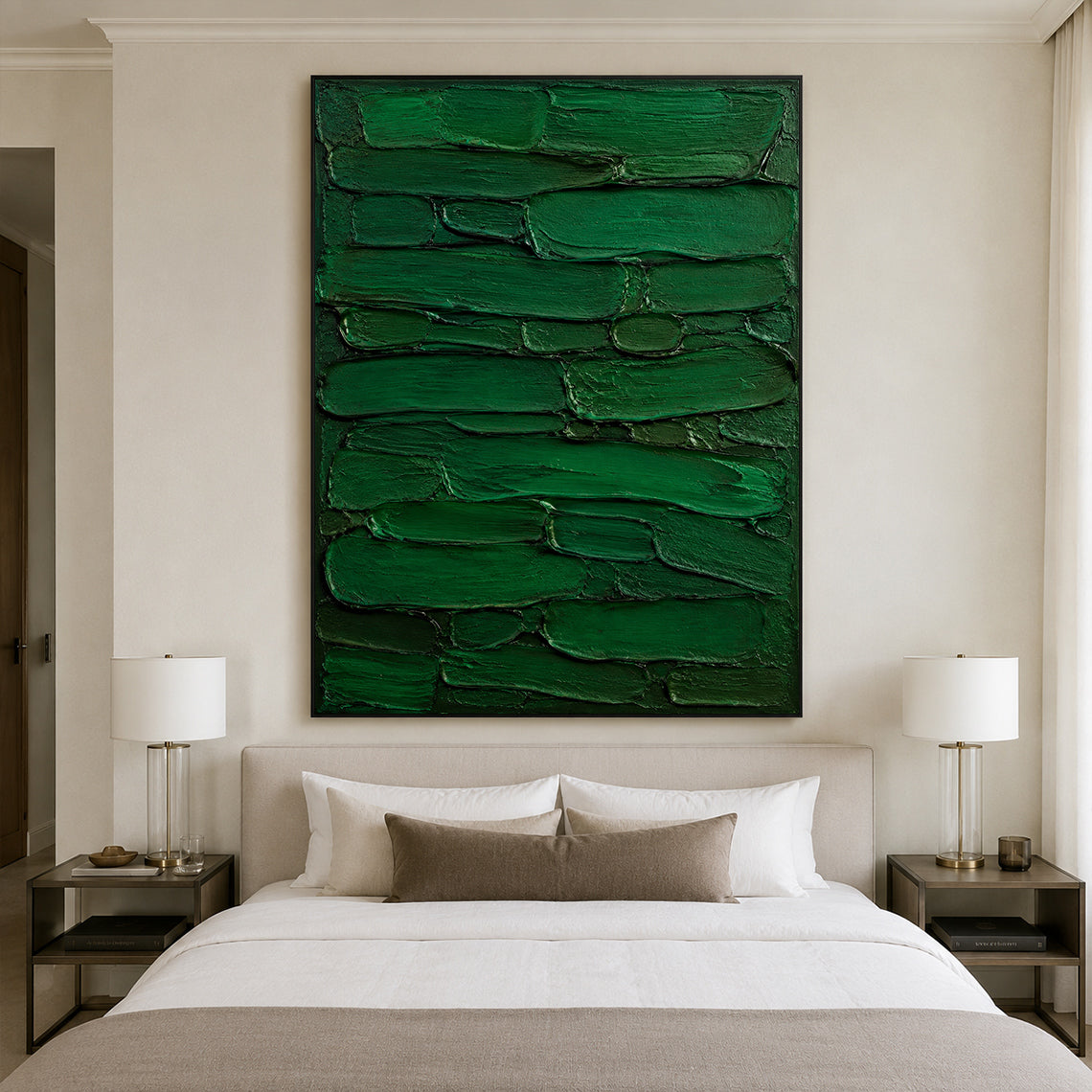 Green 3D Textured Painting Plaster Impasto Knife Stroke Wabi-Sabi Sculpted Canvas Minimalist Luxe Wall Art AURA762