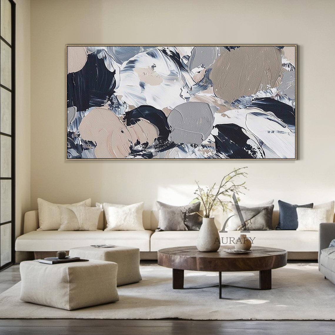 General Abstract Wall Art with Tactile Impasto Texture White Black Beige Modern Organic Design AURA478