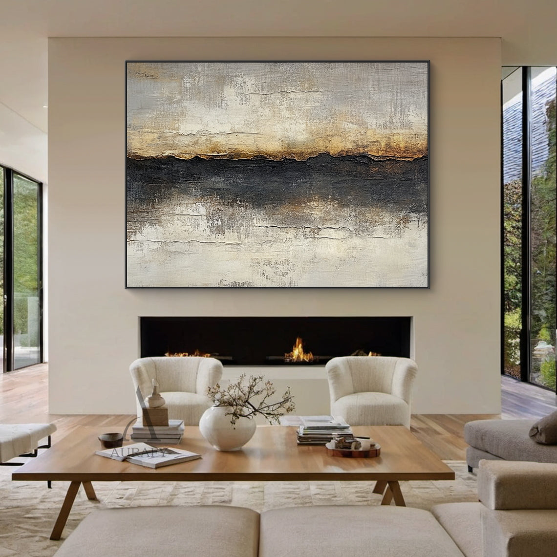 Beige and Black Abstract Ridge Wall Art with Ochre Accents - AURA823