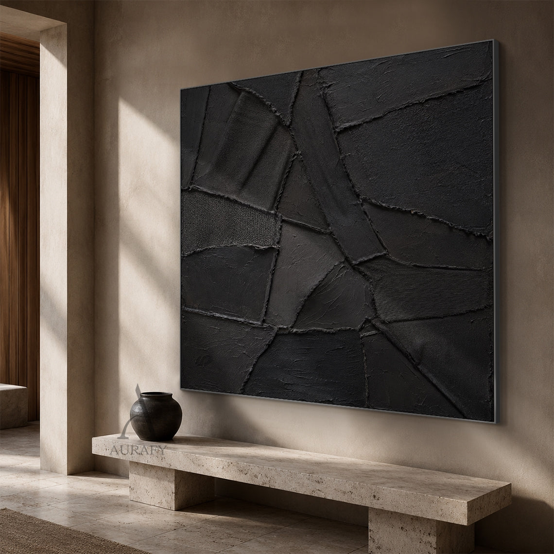 Black Relief, Monochrome Geometric 3D Textured Painting AURA859