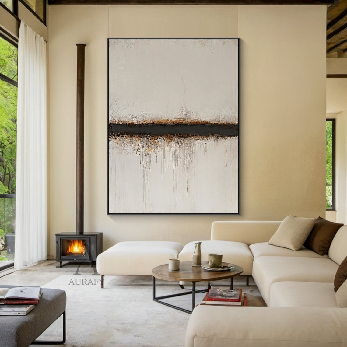 Wabi Sabi Yellow & Brown Textured Abstract Landscape | Japandi Earth-Tone Canvas Wall Art | AURA802