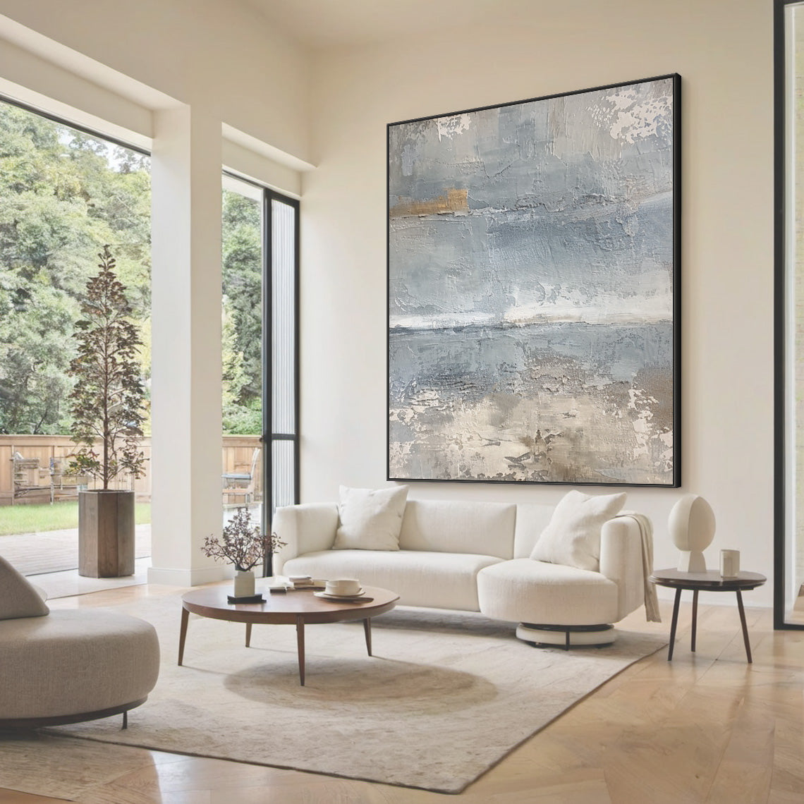 Minimalist Seascape Texture Canvas – Cool Blue & Taupe Painting – AURA035(Horizontal)