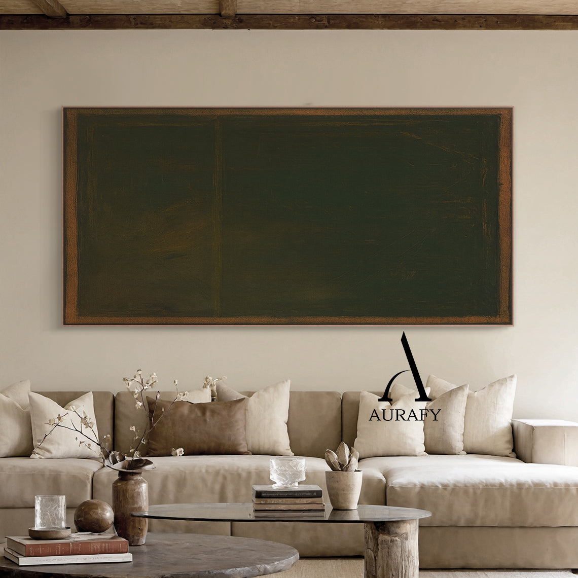 Wabi Sabi Brown Green Textured Art with Rough Handcrafted Border Tactile Brushstrokes AURA567