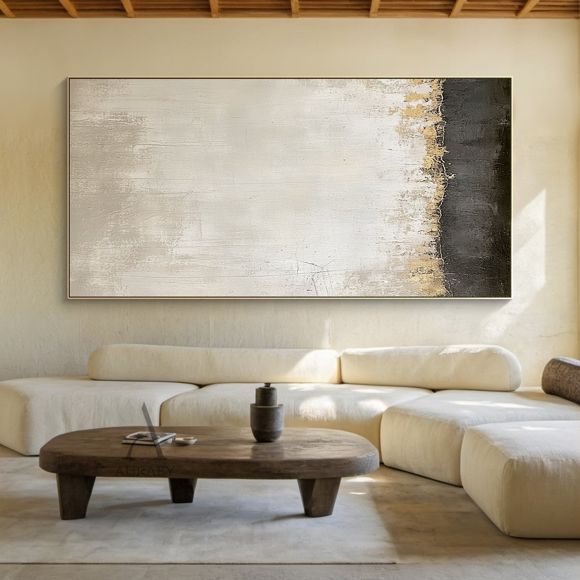 Ivory and Charcoal Abstract Horizon Wall Art - AURA694