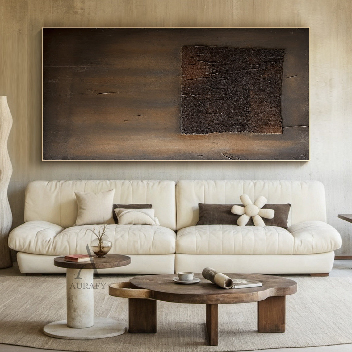 Brown Minimalist Abstract Wall Art with a Textured Inset Block - AURA832