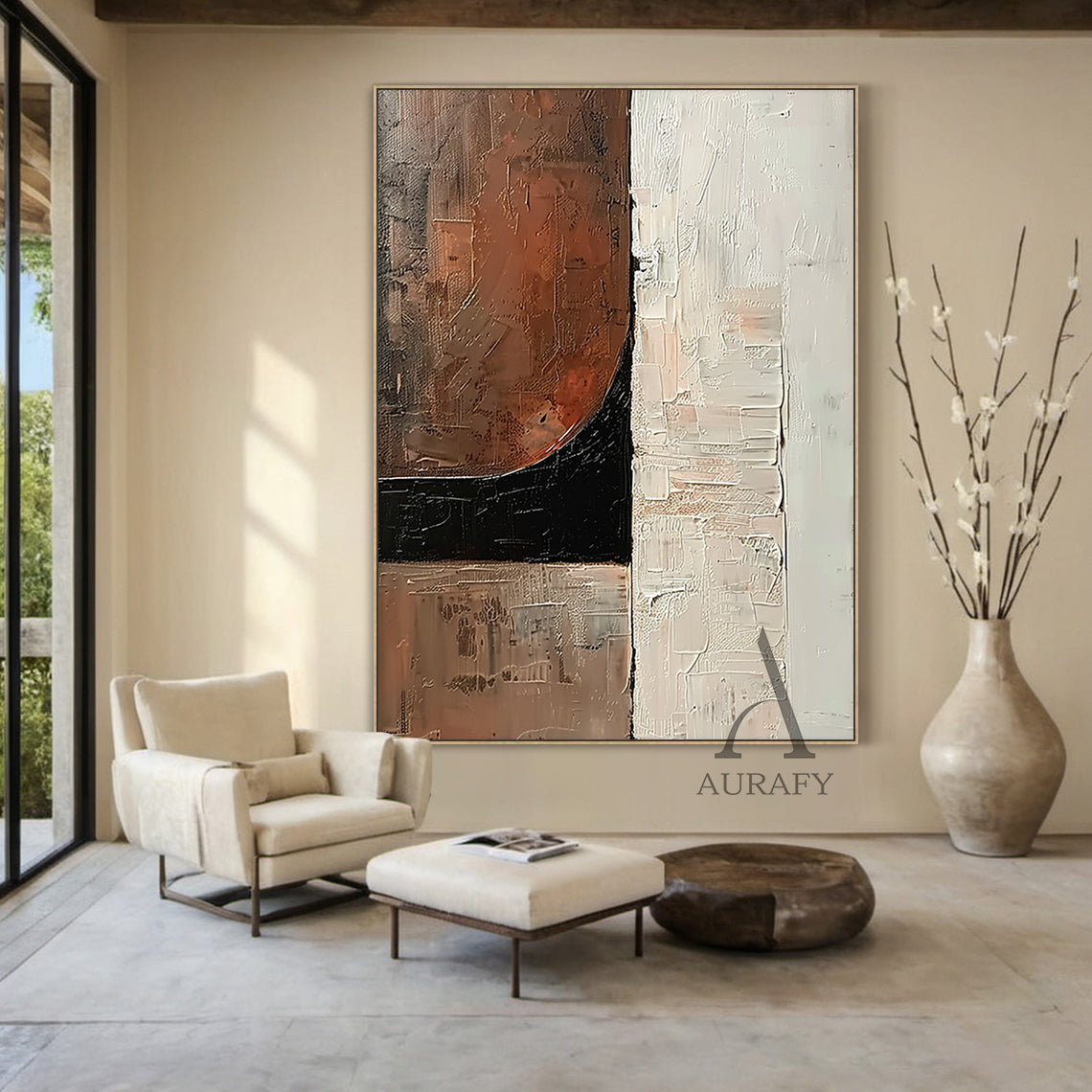 Abstract Brown White Art Tactile High-Relief Knife Strokes Mottled Modern Organic Canvas AURA476