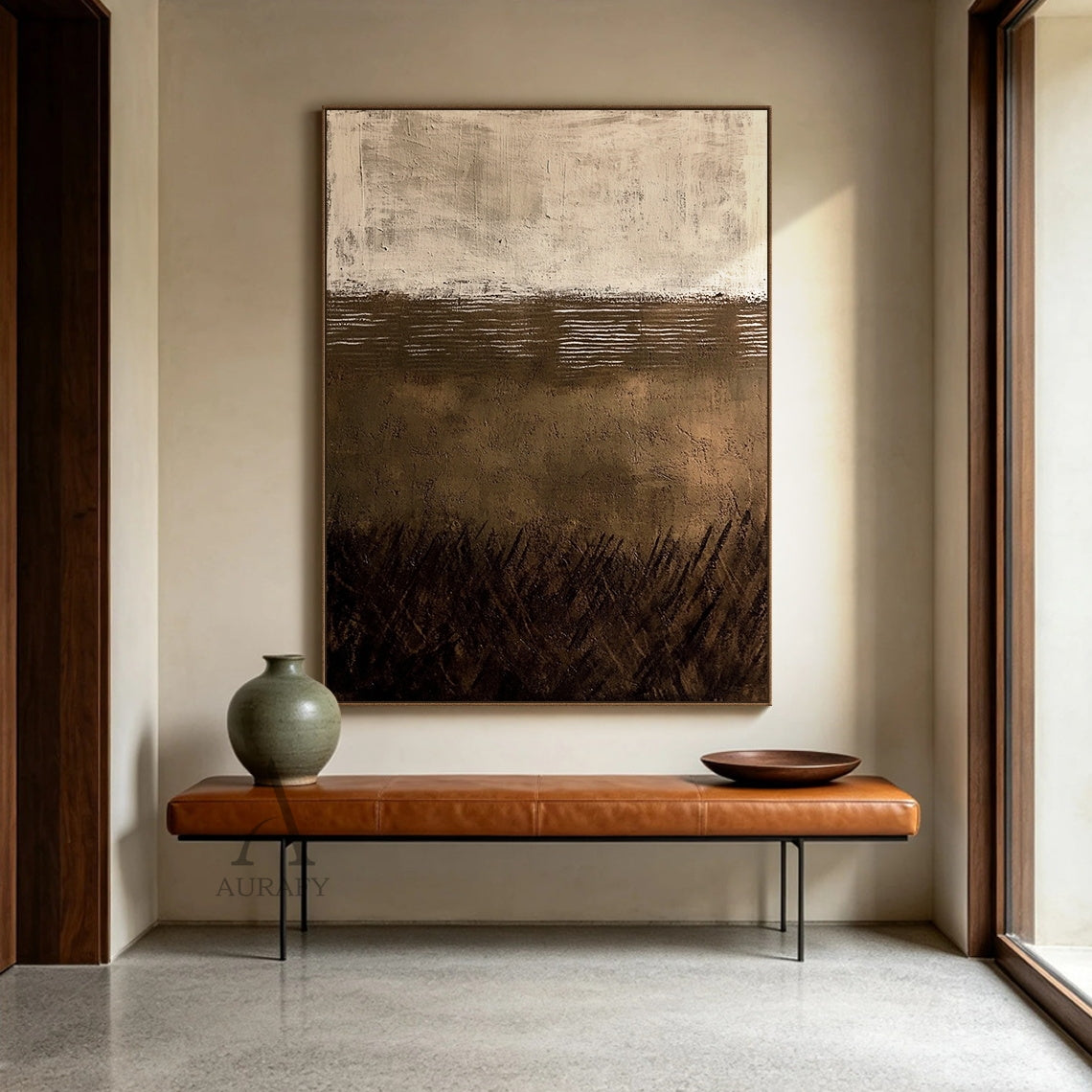 Dusk Horizon, Brown Beige Wabi Sabi Textured Painting AURA869