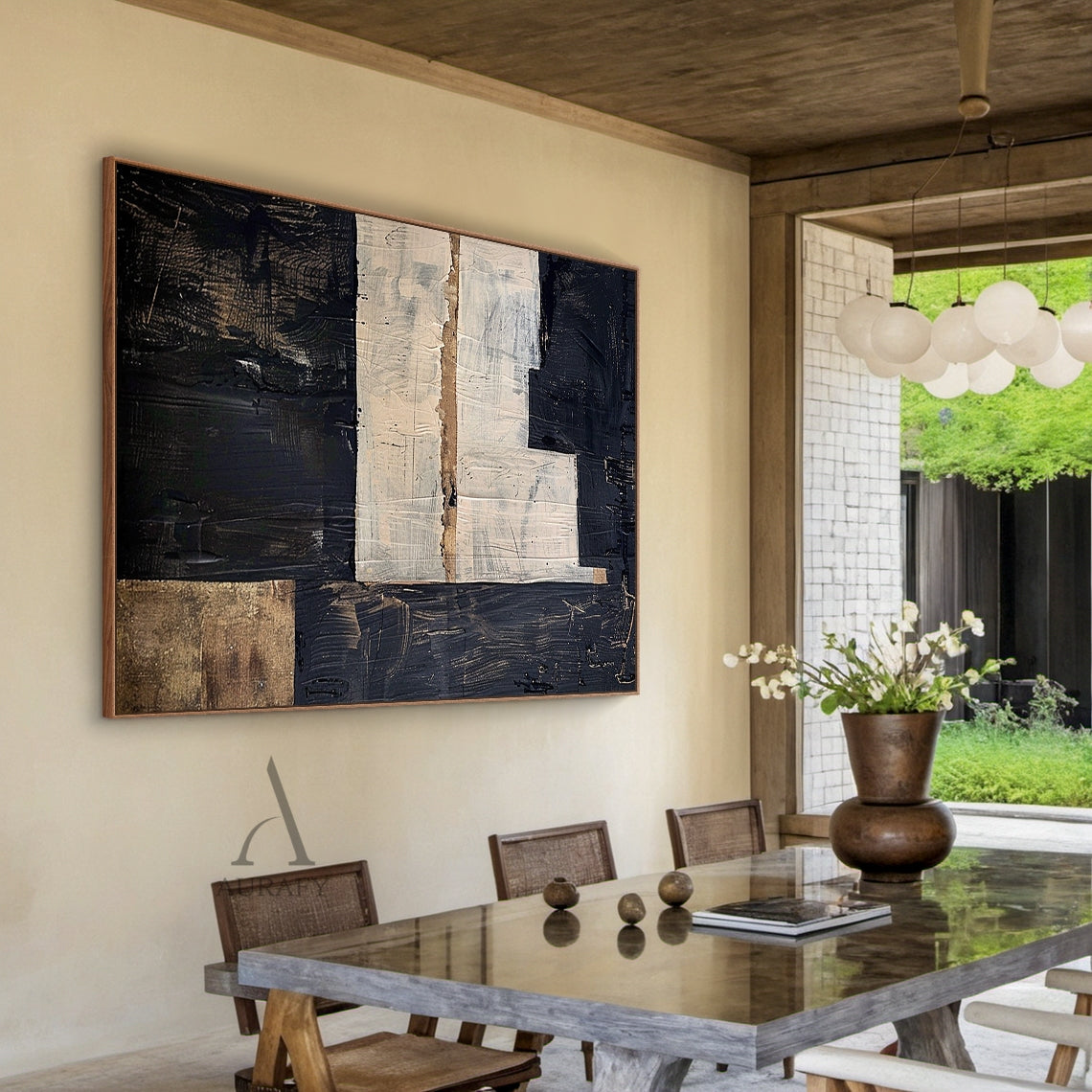 Black and Beige Abstract Wall Art with Stepped Geometric Forms - AURA836