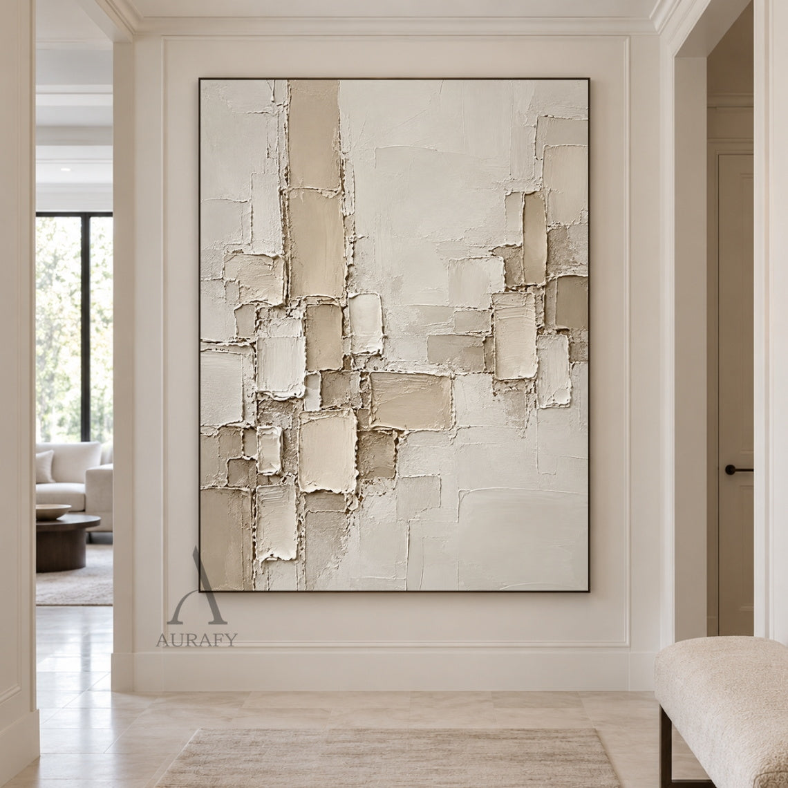 Raised Grid, Beige Geometric Impasto Wall Art AURA863