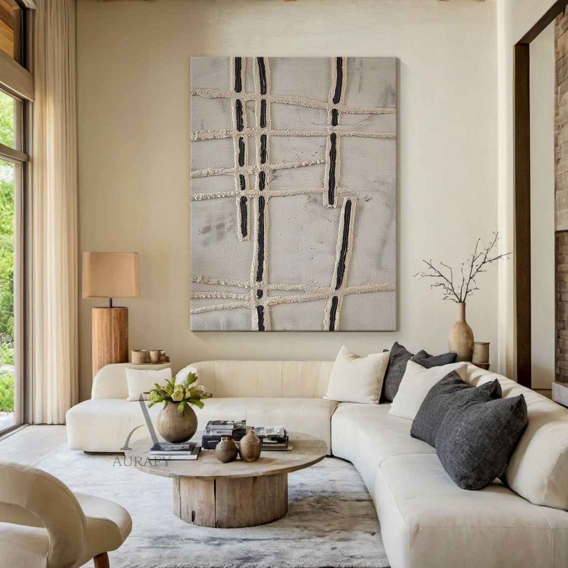 Beige Abstract Line Painting with an Irregular Textured Grid - AURA837