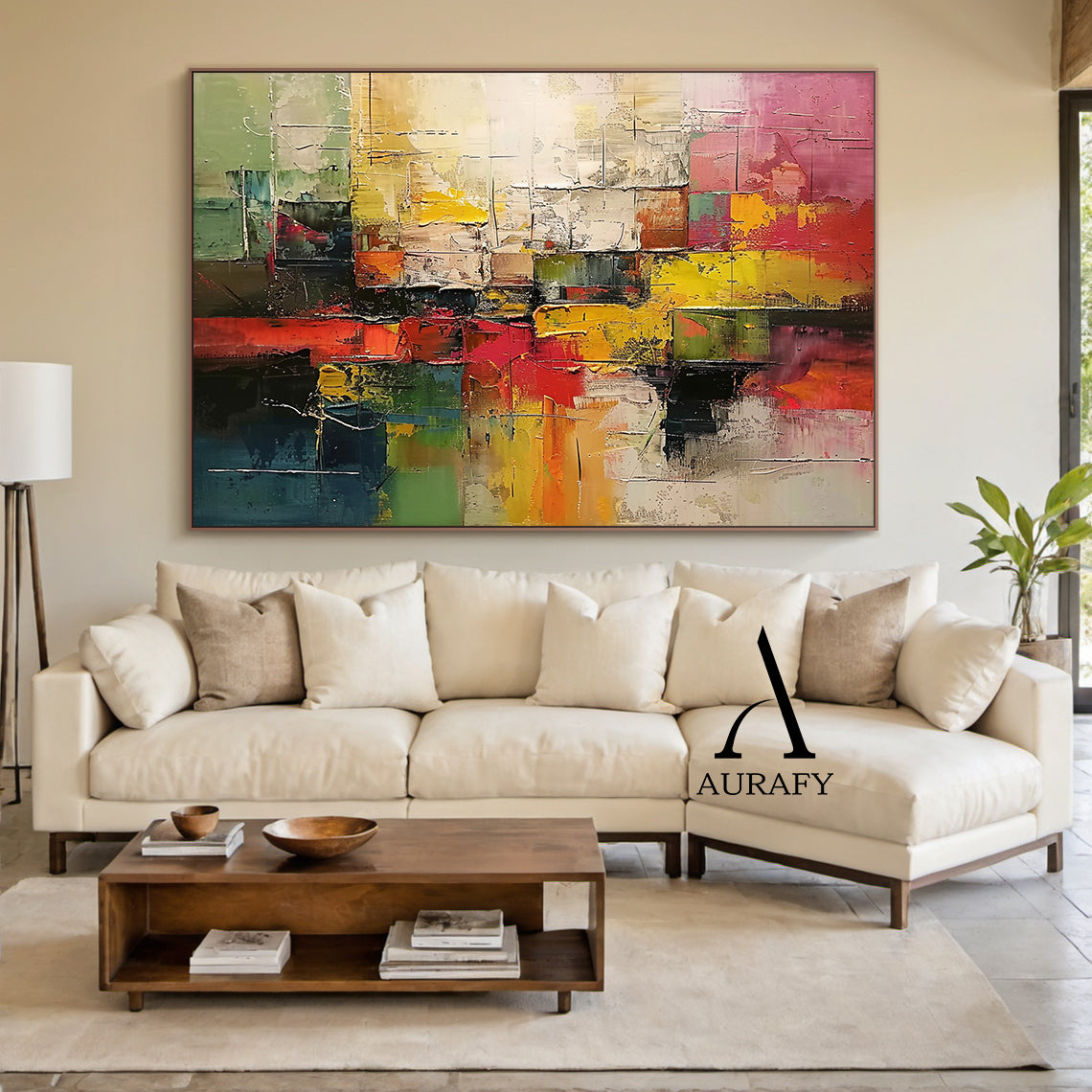 3D Textured Abstract Painting with High-Relief Plaster Tactile Surface Pink Green Yellow Knife Strokes AURA571
