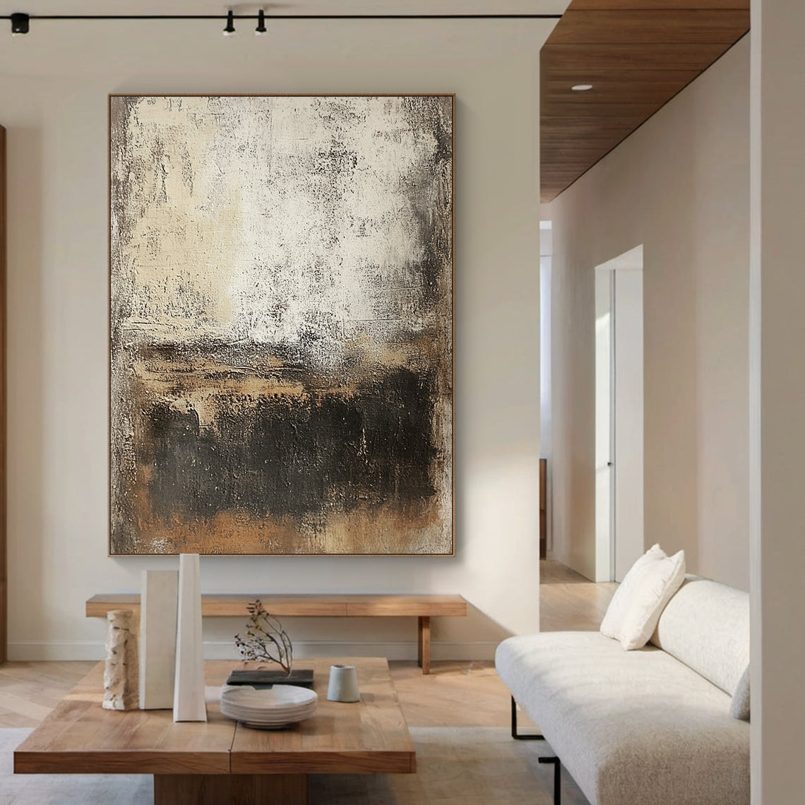 Wabi Sabi Abstract Art Beige Black Distressed Tactile Plaster-like Organic Wall Decor AURA591