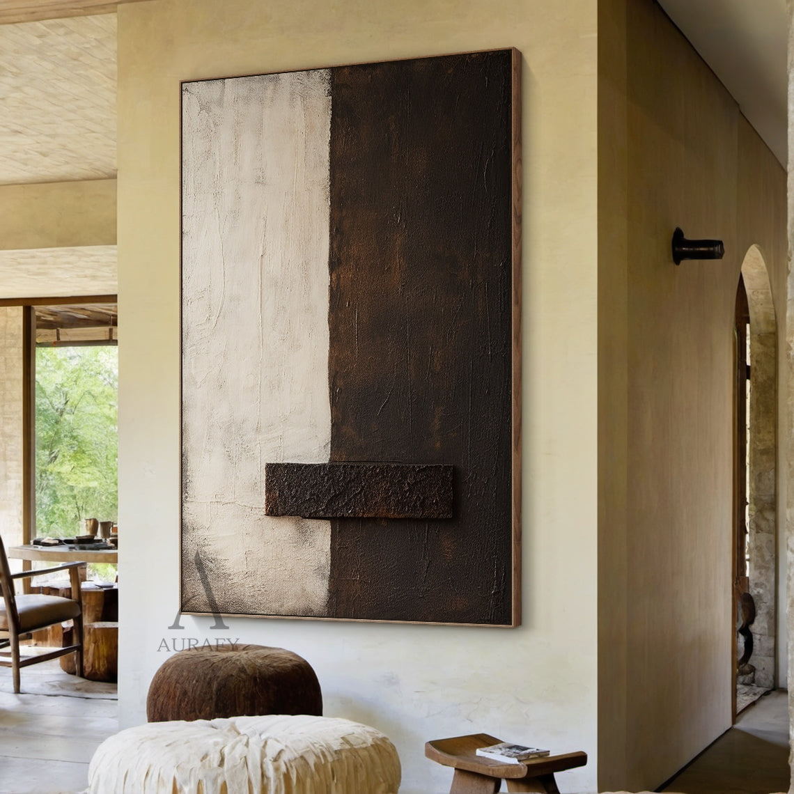 Beige and Brown Minimalist Painting with a Coarse Crossbar - AURA842