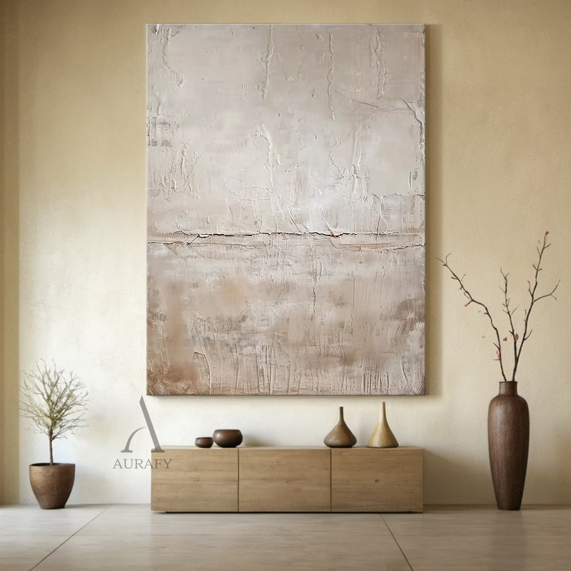 Beige Abstract Painting with Fine Fissures and Soft Tonal Layers - AURA821