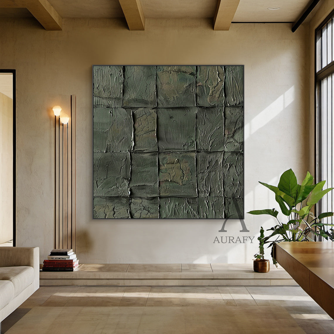 Green Abstract Art Tactile Natural Texture Grid Pattern Thick Paint Wall Decor AURA470