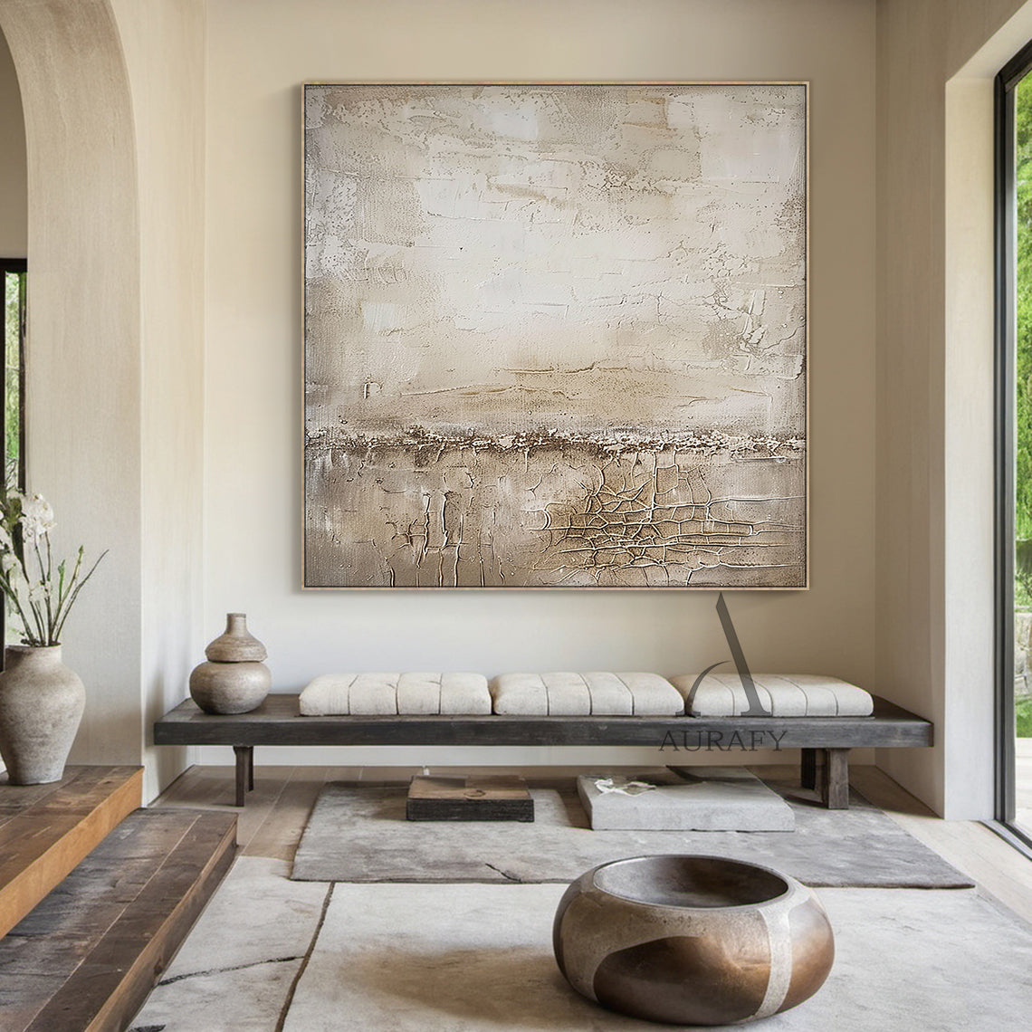 Beige Abstract Art Wabi-Sabi Crackle Texture Tactile Plaster-like Modern Organic Wall Decor AURA481